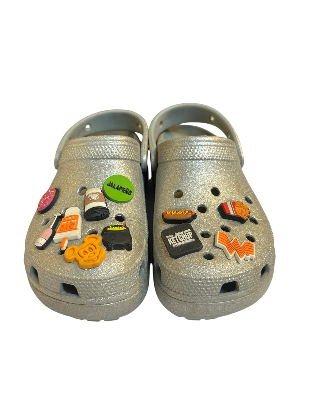 Crocs Silver Glitter Clogs with Fun Charms
